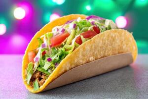 Delicious taco with ground beef, lettuce, tomato, onion and sauce resting on paper wrap photo