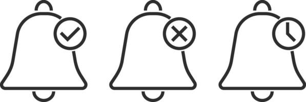 notification icon with check mark, cross mark icon. bell icon for notifications or alerts. reminder alert sign. Alarm symbol vector