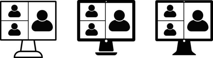 Online meeting icons set. teamwork discussion symbol design. training icons on computer, laptop, tablet, mobile phone. conference business digital communication vector