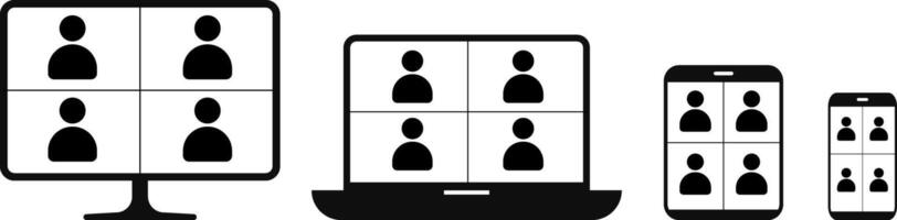 Online training icon set. meeting icons on computer, laptop, tablet, mobile phone. conference business digital communication. teamwork discussion symbol design vector