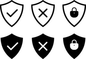 shield with checkmark, cross mark icon set. protection security lock. cyber protection and privacy. digital protection lock icons vector