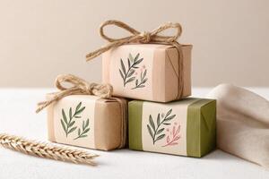 Handmade soap bars wrapped in eco-friendly packaging and tied with twine, featuring botanical illustrations photo