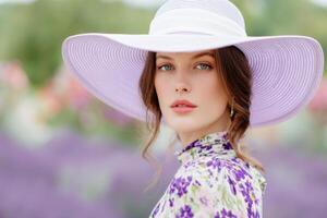 Fashion model wearing elegant hat posing in a lavender field photo
