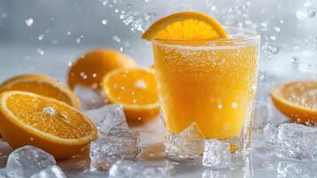Refreshing Orange Juice With Ice and Fruit Slices, Splashing Water Bright photo