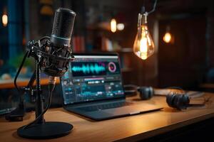 Professional podcasting microphone mounted on adjustable arm in a modern workspace. photo