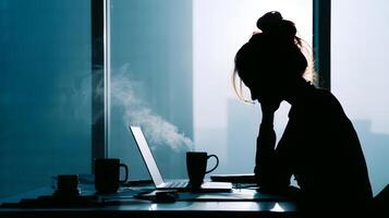 Silhouette of a stressed woman working late at her desk, reflecting the burden of overwhelming responsibilities. photo