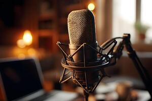 Professional microphone mounted on a sturdy stand for high-quality recording and podcasting sessions. photo