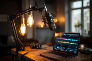 Sleek microphone setup on adjustable arm for podcasting in modern studio space. photo