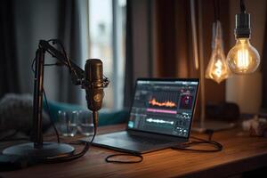 Stylish adjustable microphone setup for podcasting in contemporary studio environment. photo