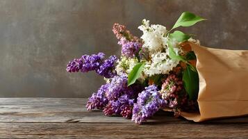 Sweet lilac blooms nestled in a brown paper bag on a weathered wooden surface, complete with a large area for text. photo