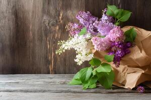 Charming lilac flowers overflowing from a simple brown paper bag atop a weathered wooden table, perfect for your text. photo