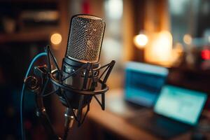 High-quality professional microphone set on a sturdy stand, ideal for podcasting and recording audio. photo