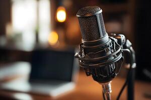 Podcast-ready professional microphone on a sturdy stand, designed for high-quality recording and broadcasting. photo