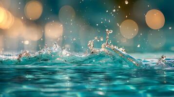 Dancing water droplets create sparkling splashes on the gleaming surface. photo
