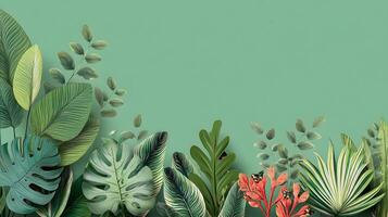 Lush tropical leaves create a vibrant border against a smooth green backdrop. photo
