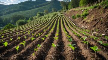 Rows of saplings in a reforestation area to combat climate change photo