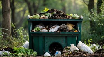 Composting bin filled with organic materials in a forest setting for climate action photo