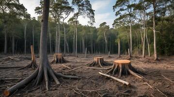 Tree stumps scattered across a deforested area highlight the impact of climate change photo