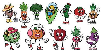 Groovy vegetables characters cartoon set. Funny retro characters, different poses and emotions. Perfect for stickers, fun and playful design. vector