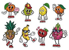 Groovy Fruits Characters Cartoon Set. Funny retro characters, different poses and emotions. Perfect for stickers, fun and playful design. vector