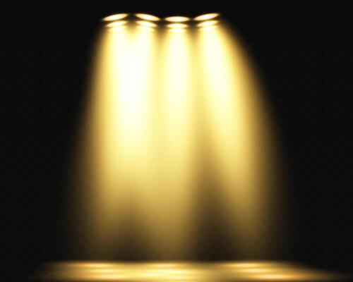 Three warm spotlights brilliantly illuminating a dark stage to create a captivating and dramatic atmosphere