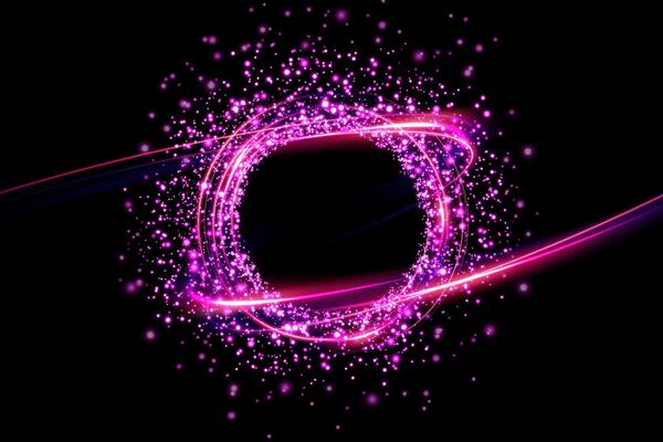 A vibrant and colorful pink swirl design beautifully accented with sparkling particles on a rich, deep black background