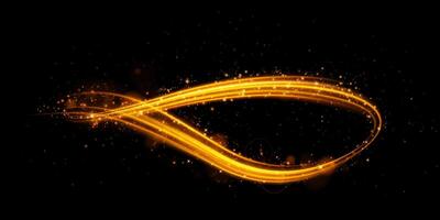 A beautiful golden light wave gracefully flows across a dark background, enhanced by a sparkling shimmering effect vector