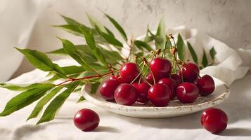 Delicious fresh cherries arranged artfully on a charming rustic white plate, creating a perfect summer snack. photo