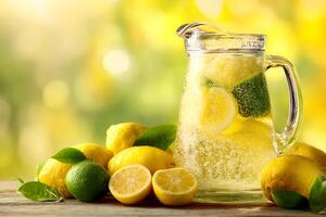 Bright lemonade pitcher filled with icy lemonade and surrounded by whole lemons and limes in sunny settings. photo