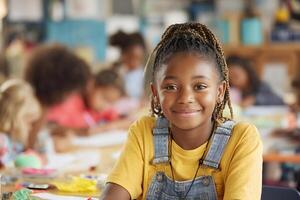 Cheerful young girl smiling at camera while engaged in writing activity with peers and colorful creative materials around photo