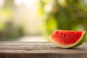 Bright watermelon slice resting on a vintage wooden table with a cheerful summer backdrop. photo