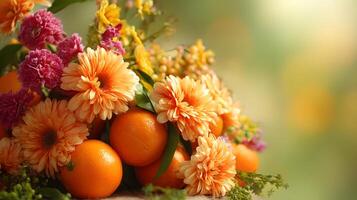 Oranges resting among colorful summer flowers, creating a stunning bright light display. photo