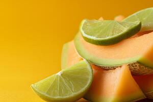 Refreshing combination of sweet melon slices and zesty lime wedges for a vibrant summer treat. photo