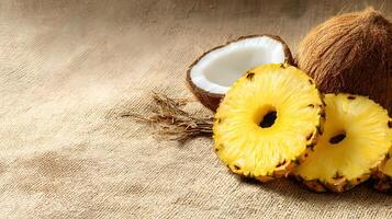 Cracked coconut and fresh pineapple slices displayed on a sandy beach mat for summer vibes. photo