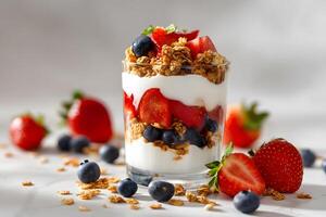 Charming parfait featuring luscious yogurt, crispy granola, and a mix of summer berries displayed on a bright countertop. photo