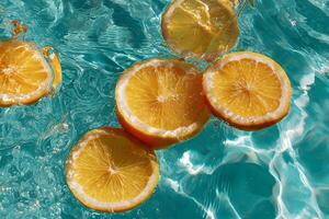 Fresh lemon slices artfully placed on the sparkling surface of a turquoise pool. photo