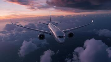Passenger airplane soaring high above with a glowing sunset sky illuminating the background photo