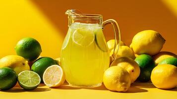 Charming pitcher of fresh lemonade surrounded by whole lemons and limes set against a sunny backdrop. photo