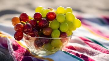 Fresh green and red grapes displayed in a glass bowl on a striped beach towel. photo