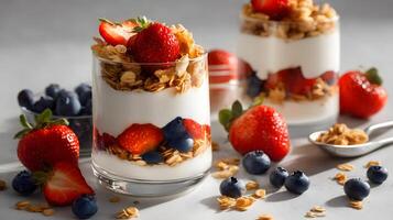 Gorgeous parfait featuring layers of rich yogurt, crunchy granola, and summer fruits on a light countertop. photo