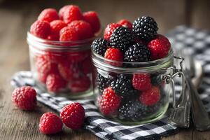 Artfully arranged glass jars filled with plump raspberries and blackberries for a visually appealing snack option. photo