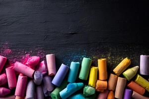 Educational blackboard with variety of chalk pieces neatly placed at the bottom in classroom environment photo