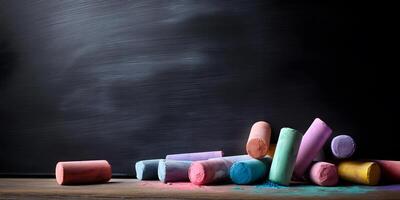 Black chalkboard with an assortment of colorful chalk pieces arranged neatly at the base in school setting photo