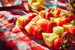 Colorful fruit skewers with juicy chunks of melon, strawberries, and pineapple elegantly arranged on a picnic blanket. photo
