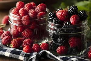 Glass jars filled with an assortment of fresh raspberries and blackberries for a delightful summer snack. photo
