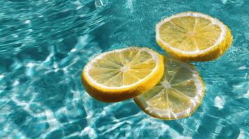 Citrusy lemon slices elegantly placed on the shimmering waters of a turquoise pool. photo