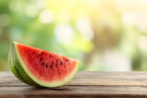 Refreshing watermelon slice on a rustic wooden table against a vibrant summer scene. photo