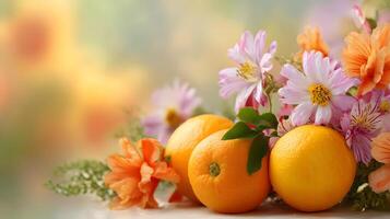 Juicy oranges nestled among a colorful array of summer flowers on a sunny background. photo