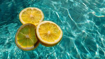 Vibrant lemon slices lounging on the sparkling turquoise surface of a pool. photo