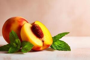 A half peach next to fresh mint leaves displayed against a soft light backdrop. photo